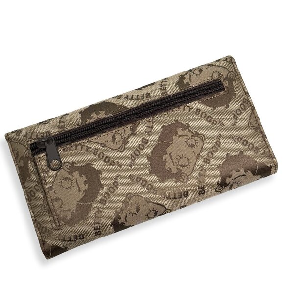 Betty Boop Wallet Womens Tri-Fold Faux Leather Cartoon Print Brown Zip Checkbook - Picture 2 of 5